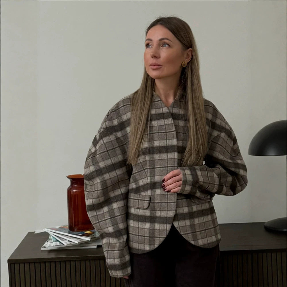 Damen Karierter Boxy‑Blazer mit voluminösen Ballonärmeln Drune
