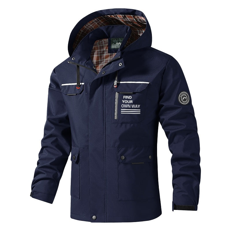 Herren Atmungsaktive wasserabweisende Kapuzen-Outdoorjacke mit kariertem Innenfutter, Multifunktions-Taschen & verstellbarer Kapuze Drune
