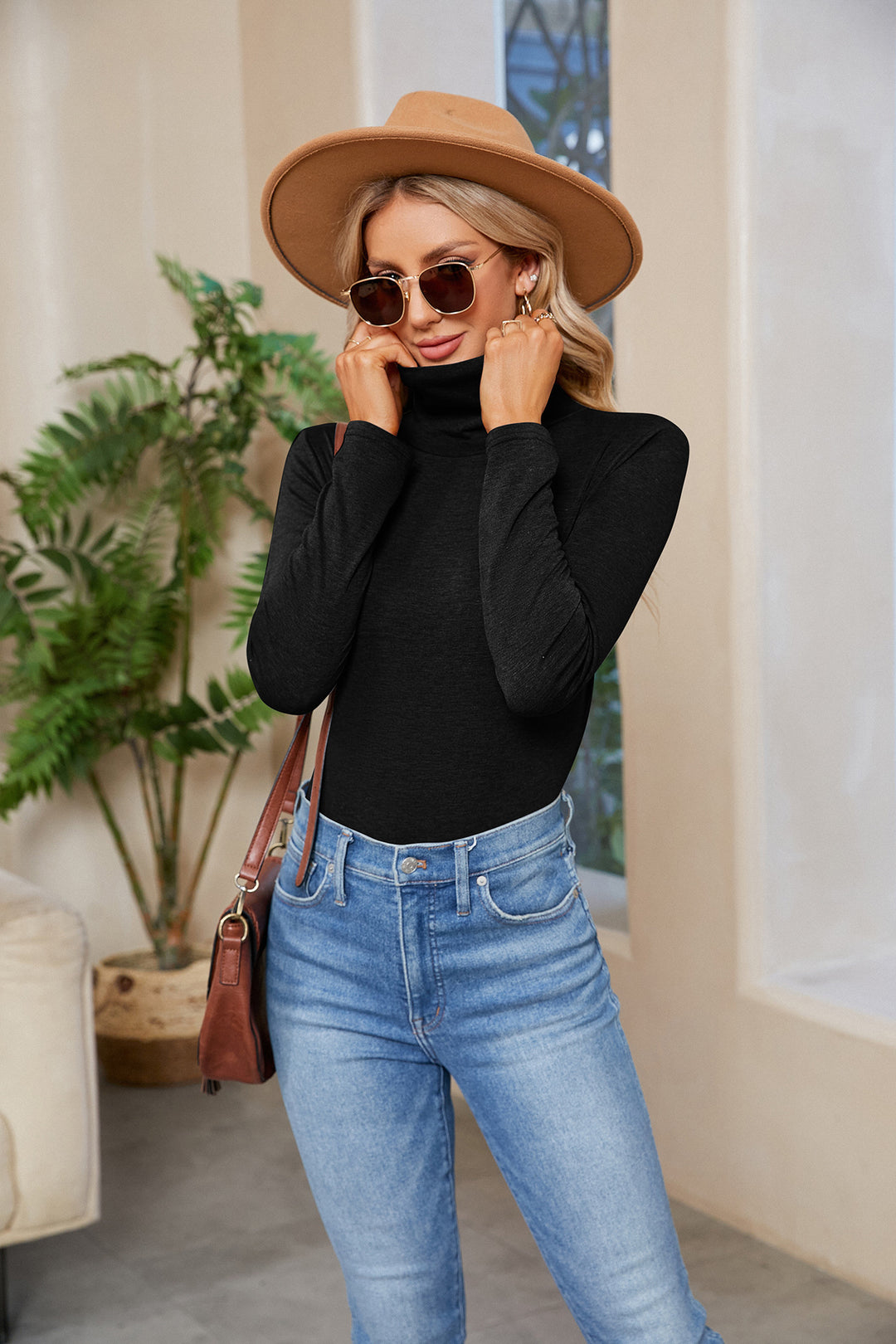 Damen Figurnahe Stretch-Jersey Rollkragenoberteil mit langem Arm Drune