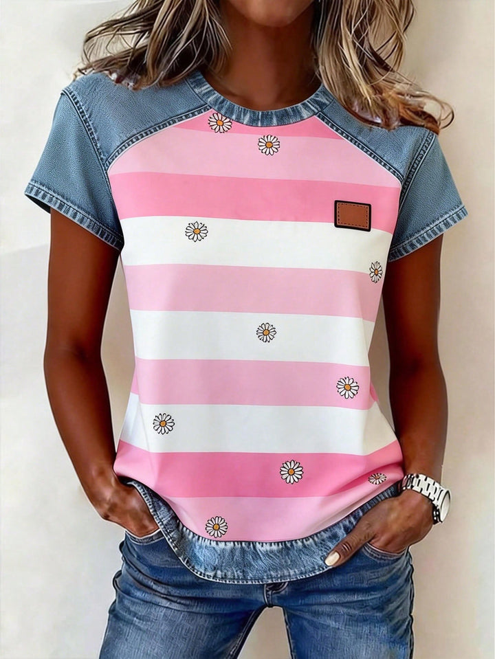 Damen Kurzarmshirt mit Jeans-Einsätzen und Teddy-Patchprint Drune