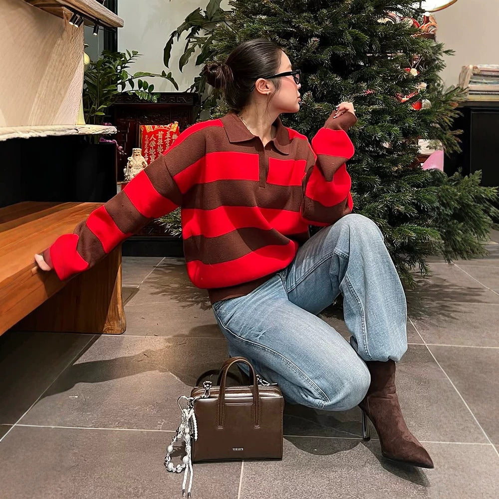 Damen Oversize Rugby-Strickpullover mit Polokragen & breiten Blockstreifen Drune