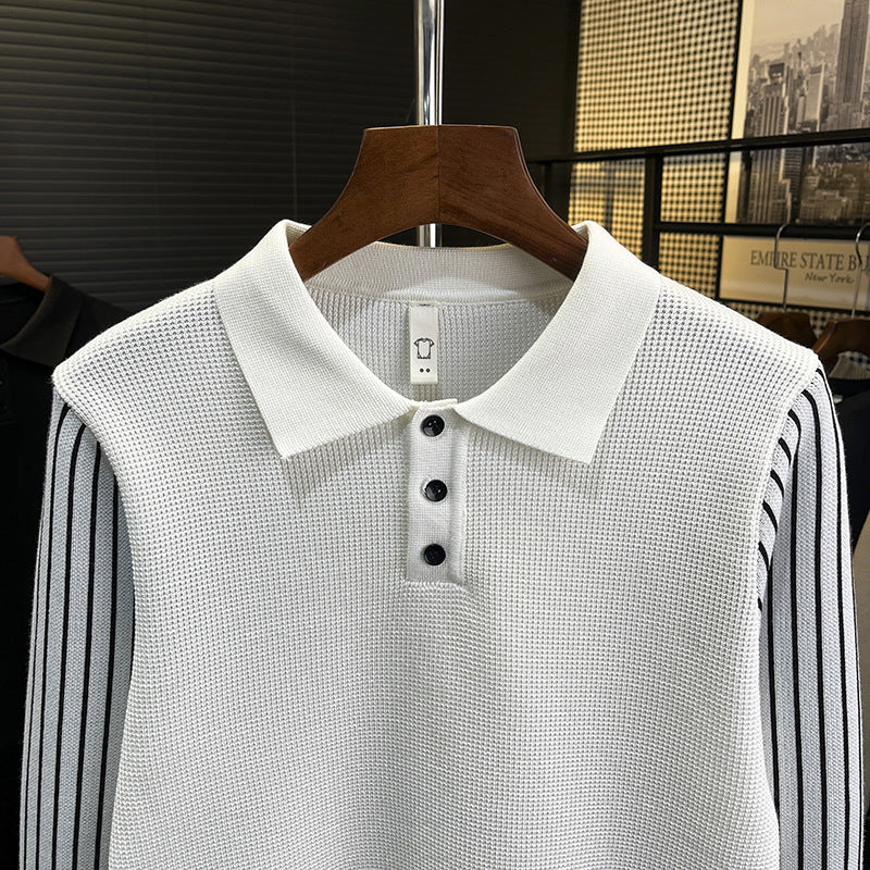 Herren Strick-Poloshirt mit kontrastgestreiften Ärmeln und feiner Struktur Drune