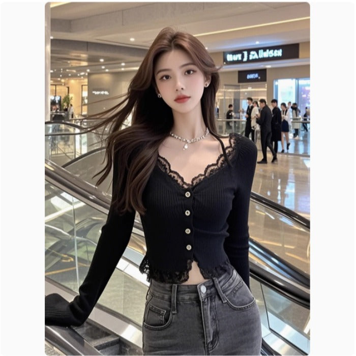 Damen elegantes Langarmshirt mit Spitzenbesatz Drune