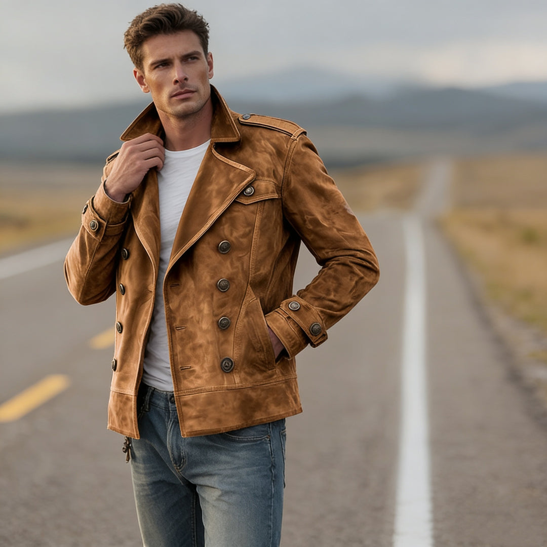 Herren Doppelreihige Lederjacke im Vintage-Look mit Schalkragen und Schulterklappen Drune