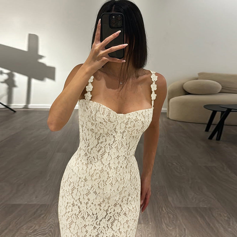 Damen elegantes Maxikleid mit Spitze und verführerischem Herzausschnitt Drune