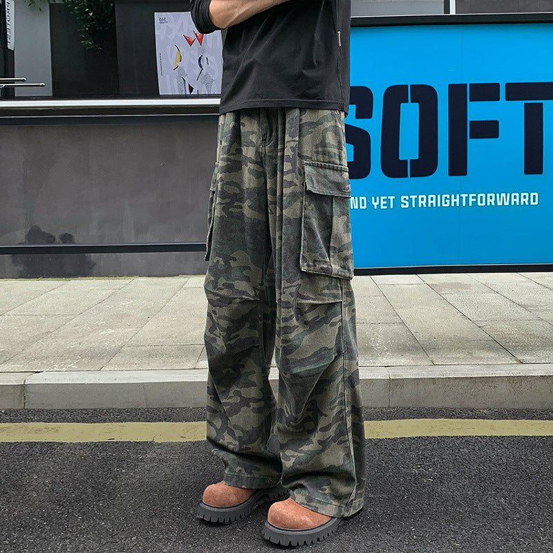 Herren Weite Camouflage-Cargohose mit tiefem Schritt, Multi‑Taschen und elastischem Bund Drune