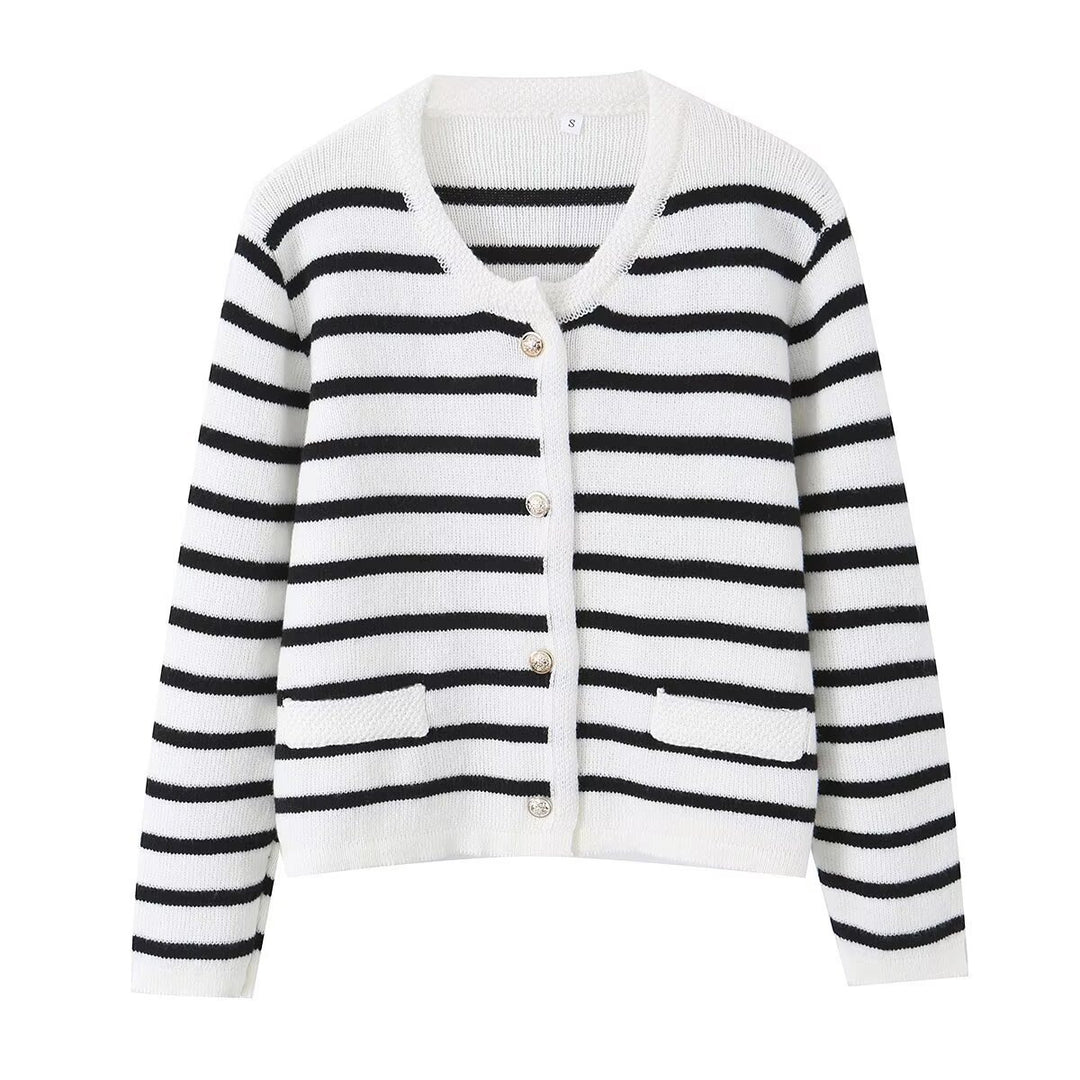 Damen Gestreifte Strickjacke mit Rundhalsausschnitt, Zierknopfleiste und aufgesetzten Taschen Drune