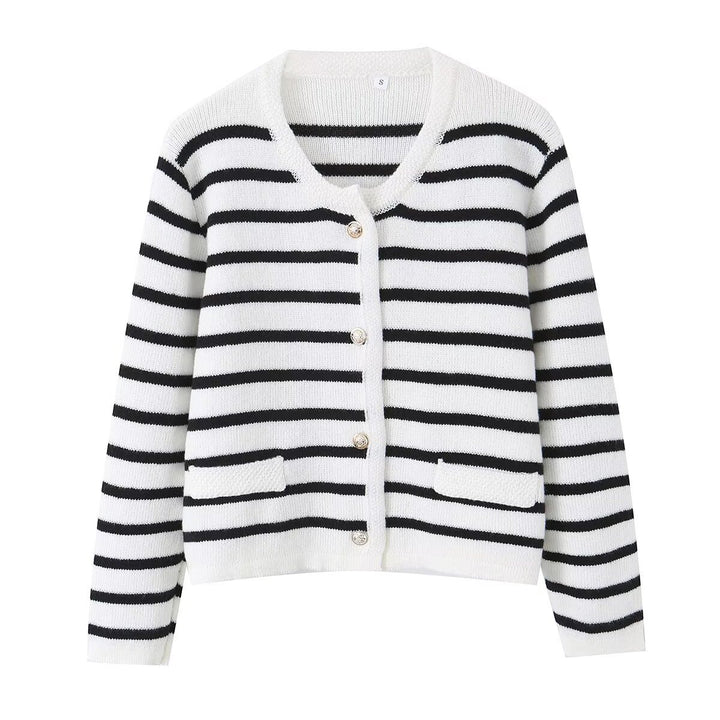 Damen Gestreifte Strickjacke mit Rundhalsausschnitt, Zierknopfleiste und aufgesetzten Taschen Drune