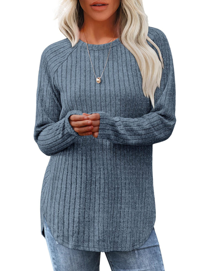 Damen gerippter Strickpullover mit Rundhalsausschnitt Oversize-Passform und Seitenschlitzen Drune