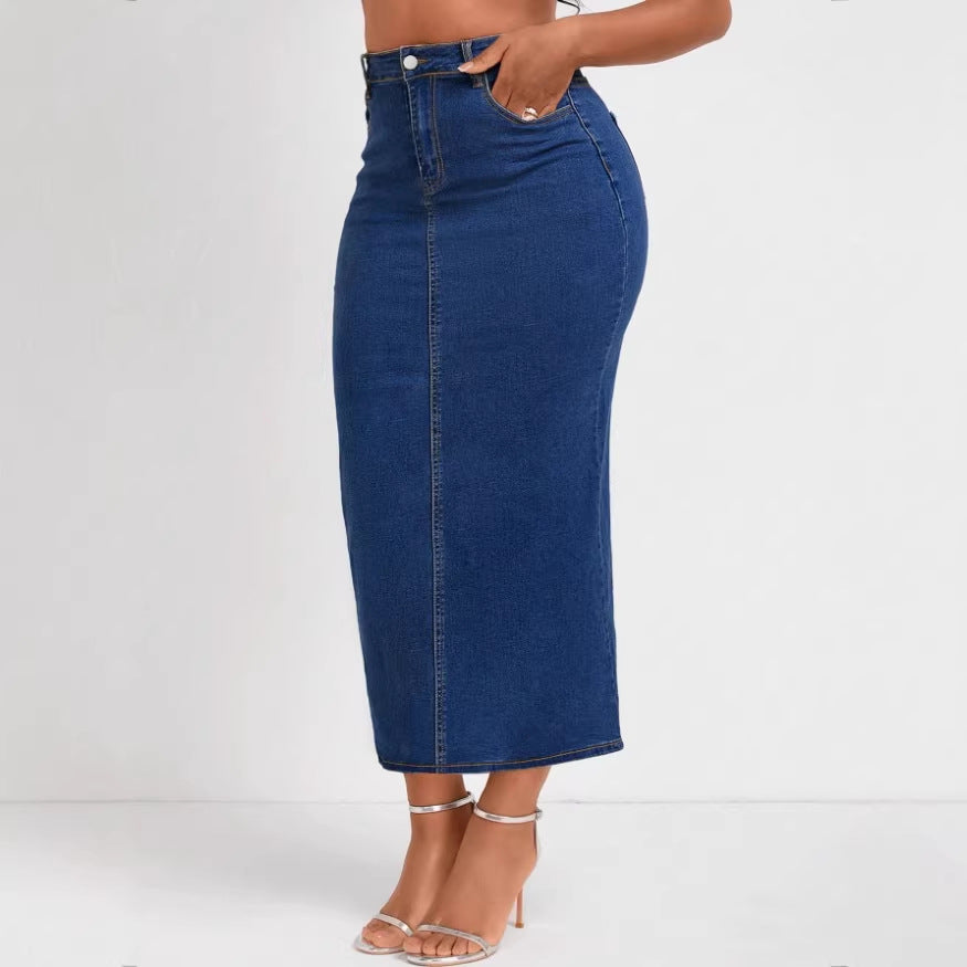 Damen Taillenhoher Stretch-Denim-Midirock mit sichtbarer Mittelnaht und Five-Pocket-Design Drune