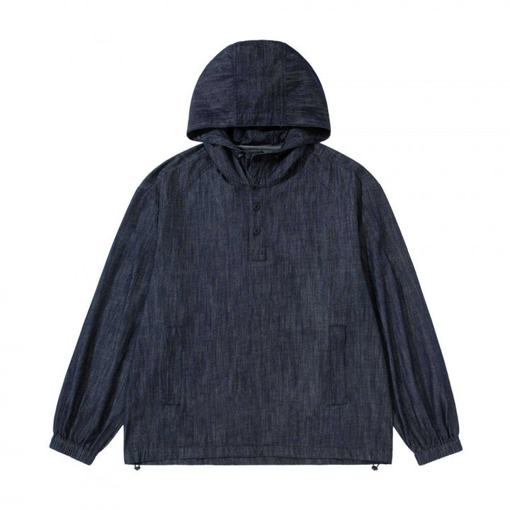 Unisex Denim-Blend Kapuzenpullover im Overshirt-Stil mit Henley-Knopfleiste Drune