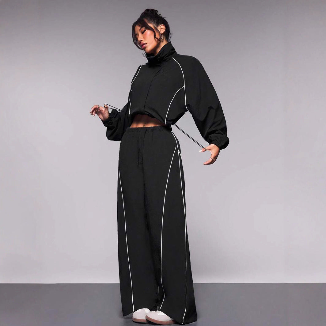 Damen sportives Cropped Windbreaker-Set mit Stehkragen Tunnelzug und reflektierenden Paspeln Drune