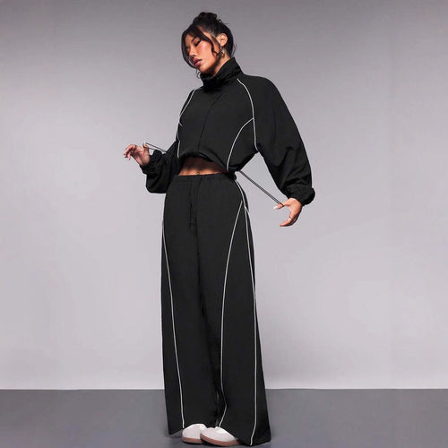 Damen sportives Cropped Windbreaker-Set mit Stehkragen Tunnelzug und reflektierenden Paspeln Drune