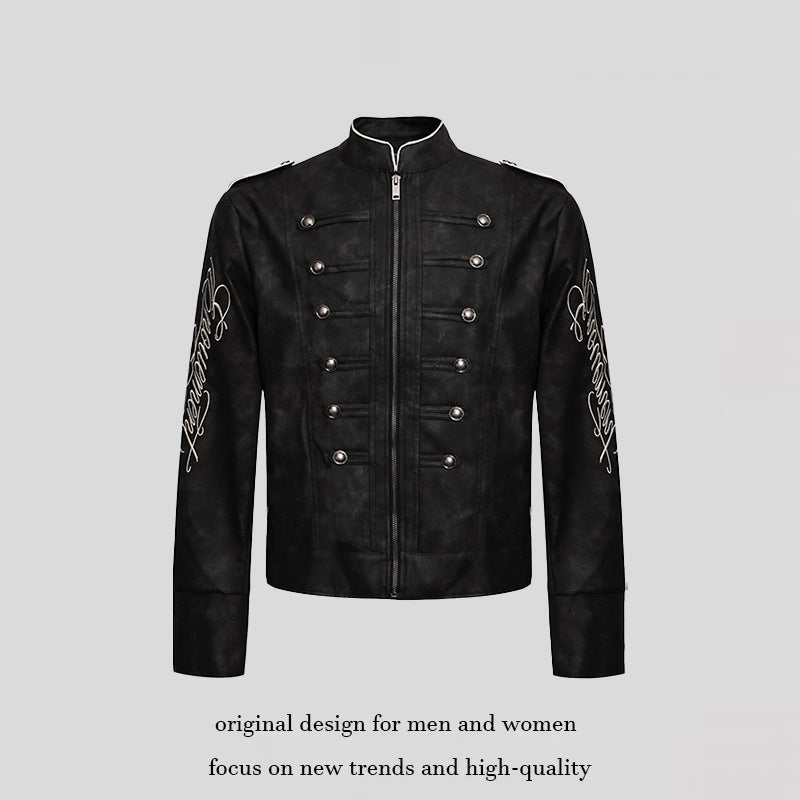 Herren Military-inspirierte Lederjacke mit Stehkragen, Zierknopfreihen und bestickten Ärmeln Drune