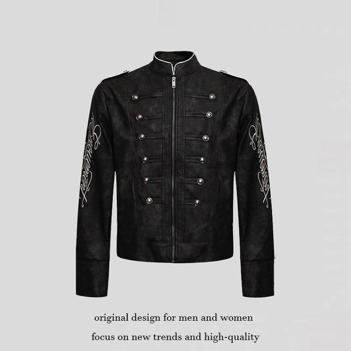 Herren Military-inspirierte Lederjacke mit Stehkragen, Zierknopfreihen und bestickten Ärmeln Drune