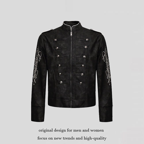 Herren Military-inspirierte Lederjacke mit Stehkragen, Zierknopfreihen und bestickten Ärmeln Drune