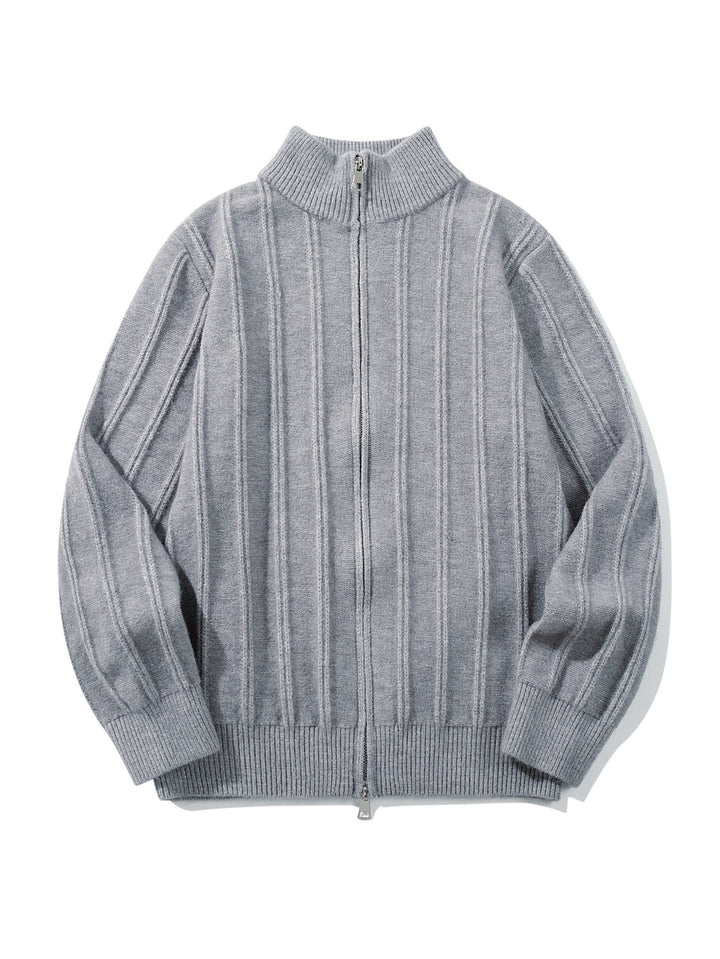 Unisex Geraffte Strick-Zipjacke mit hohem Stehkragen und vertikaler Struktur Drune
