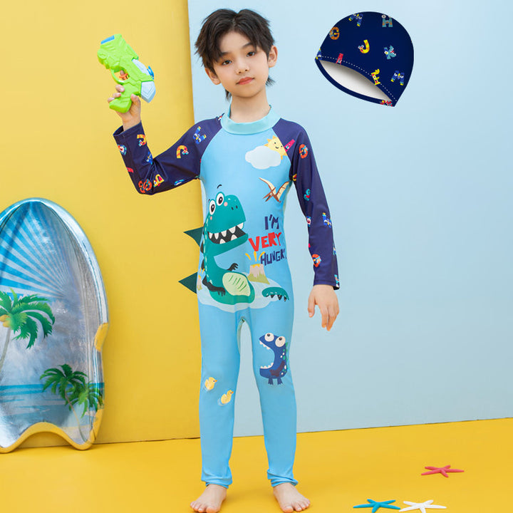 Jungen UV-Schutz Schwimmanzug mit langen Ärmeln und süßem Dinosaurier-Motiv Drune