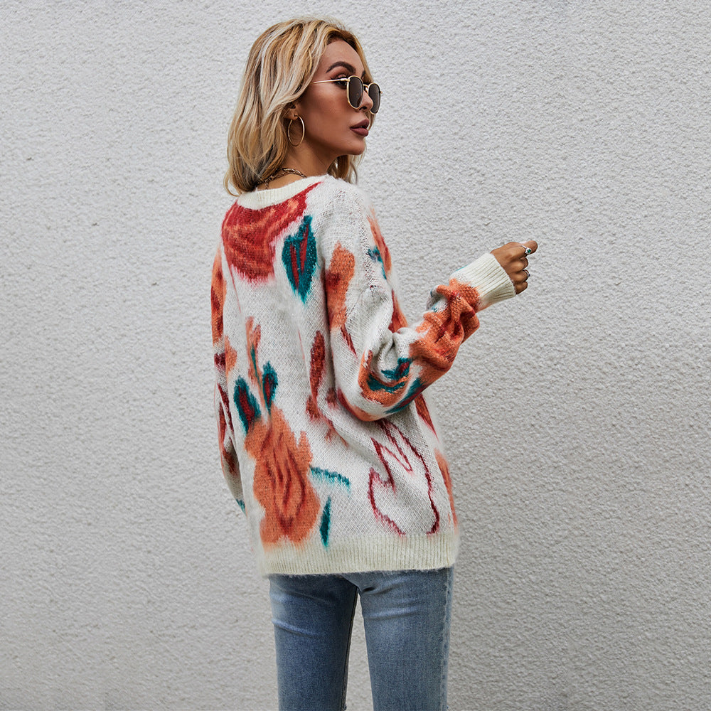 Damen modischer Pullover mit floralem Strickmuster Drune