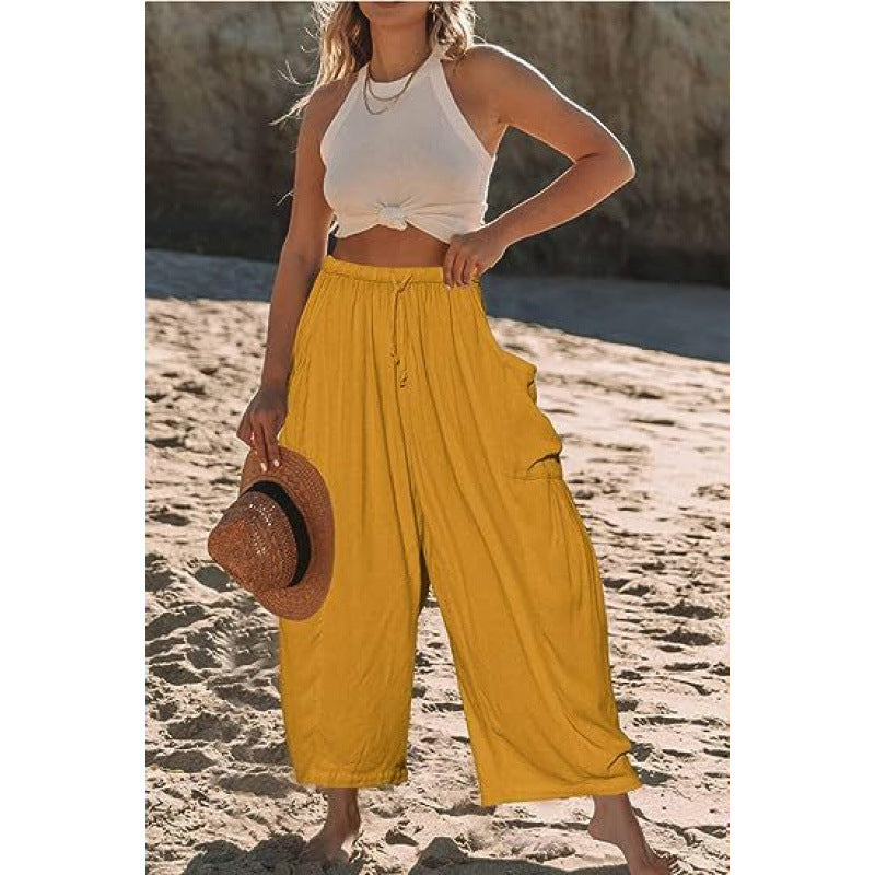 Damen weite und bequeme Sommerhose mit elastischem Bund und praktischen Taschen Drune