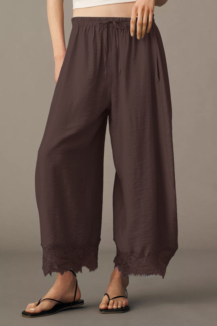 Damen Weite Palazzo-Hose mit elastischem Tunnelzugbund und Spitzenbesatz Drune
