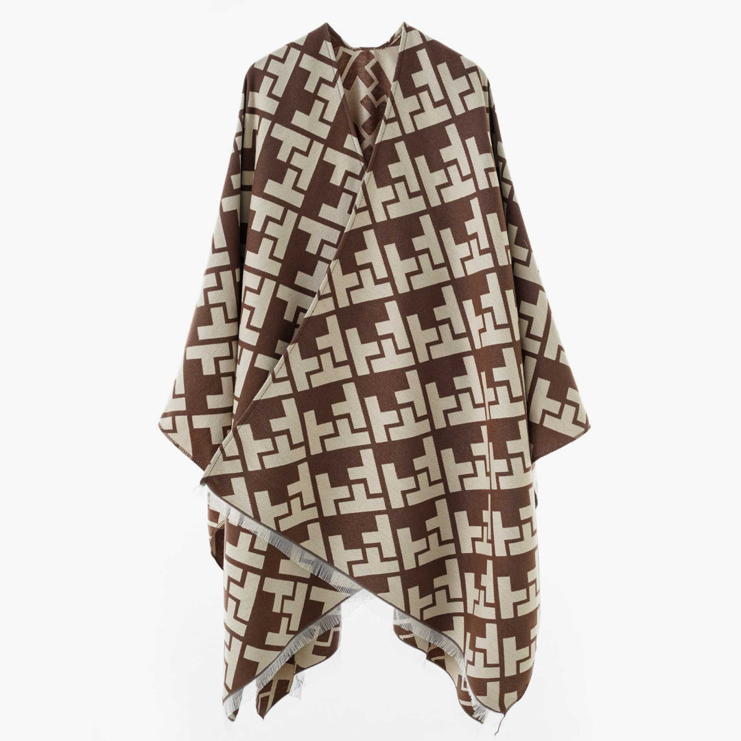 Damen Oversize Jacquard-Capeponcho aus Wollmix mit geometrischem Muster und Fransen Drune