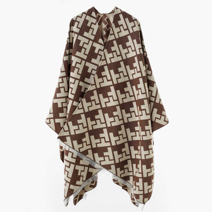Damen Oversize Jacquard-Capeponcho aus Wollmix mit geometrischem Muster und Fransen Drune