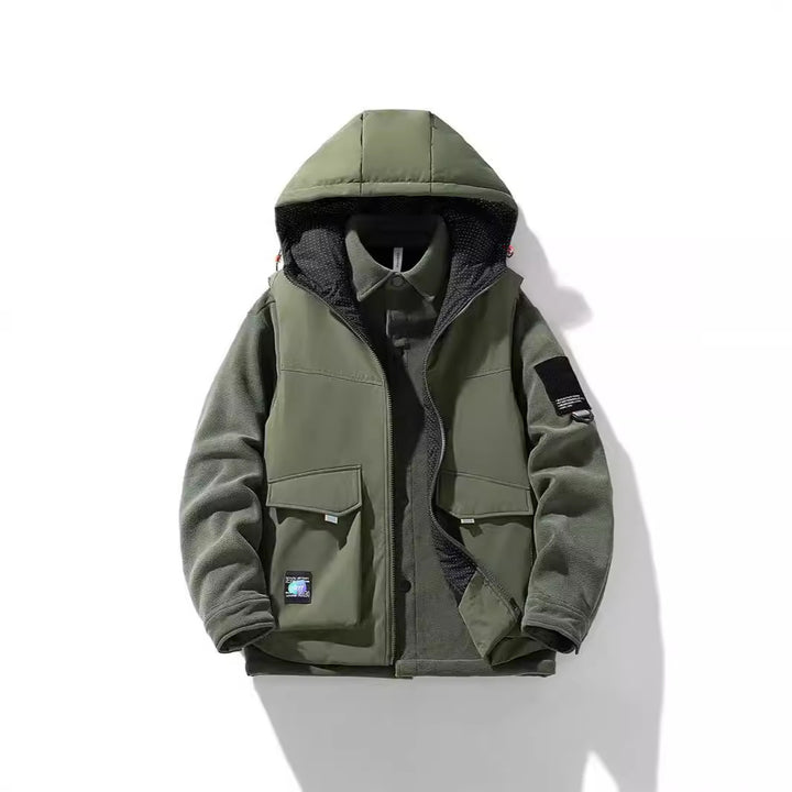 Herren Wärmende Outdoor-Kapuzenjacke mit Fleece-Innenlayer und Multifunktionstaschen Drune