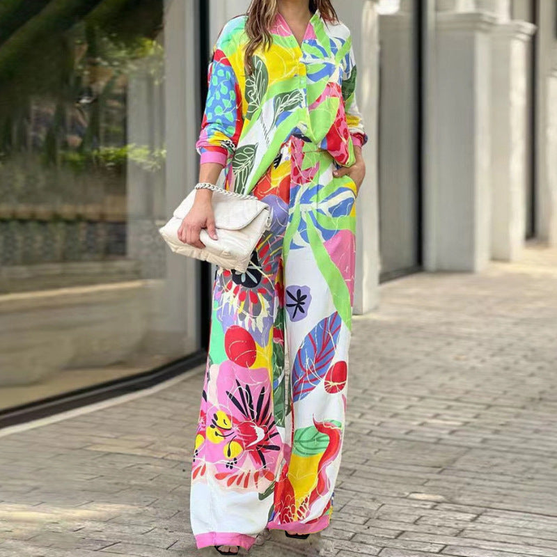Damen Eleganter Zweiteiliger Overall mit buntem Blumenmuster und lockerer Passform Drune