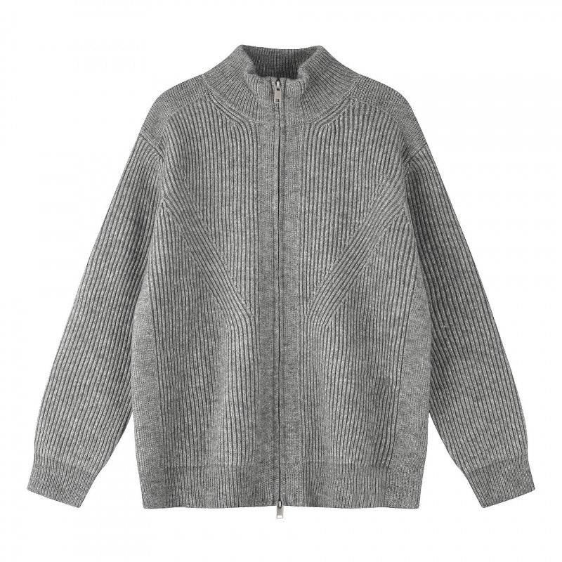 Unisex Grobgestrickter Reißverschluss-Strickcardigan mit Stehkragen und Rippstruktur Drune