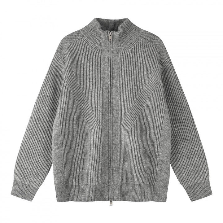 Unisex Grobgestrickter Reißverschluss-Strickcardigan mit Stehkragen und Rippstruktur Drune