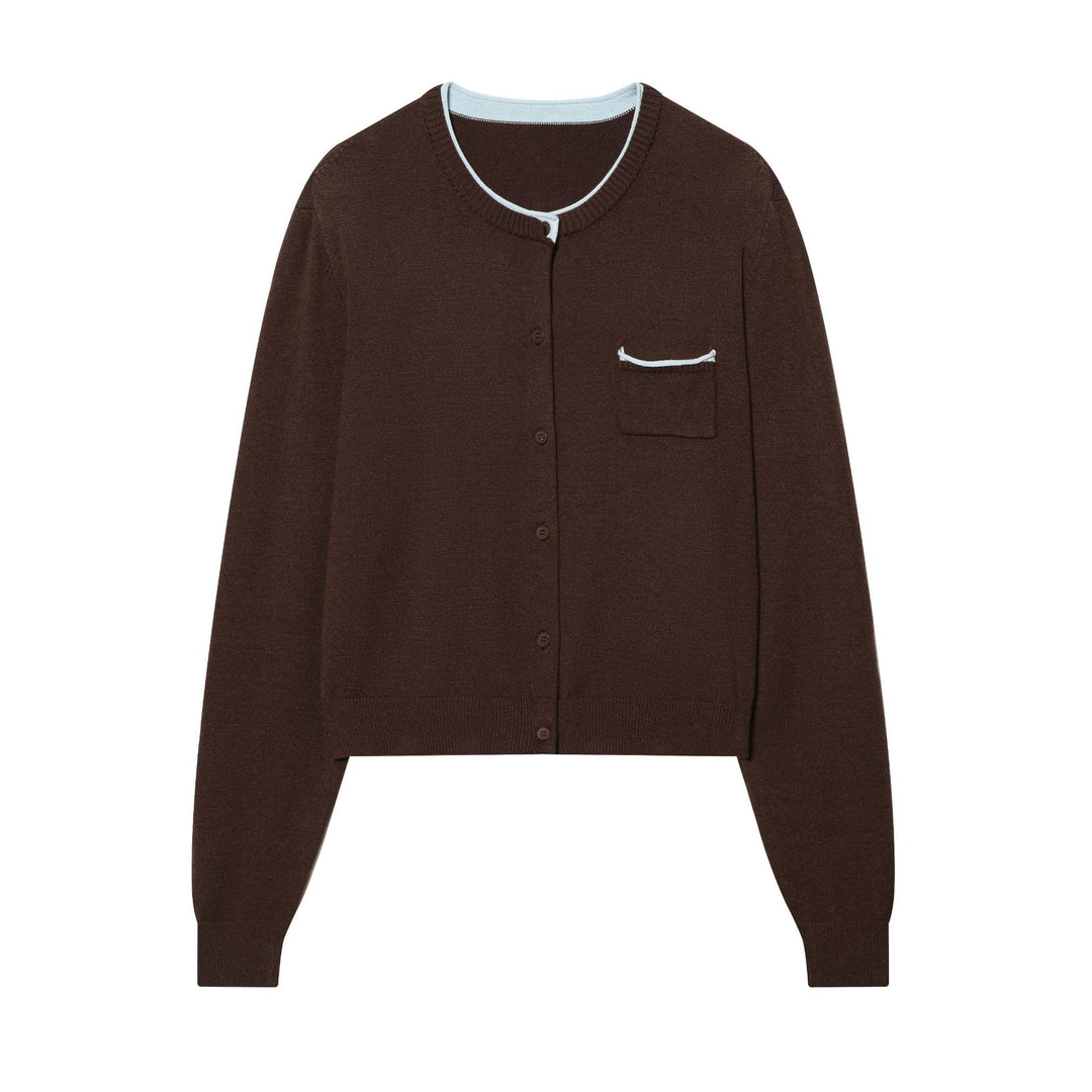 Damen nan kurz geschnittene Strickcardigan mit Rundhals Kontrastpaspel und Brusttasche Drune