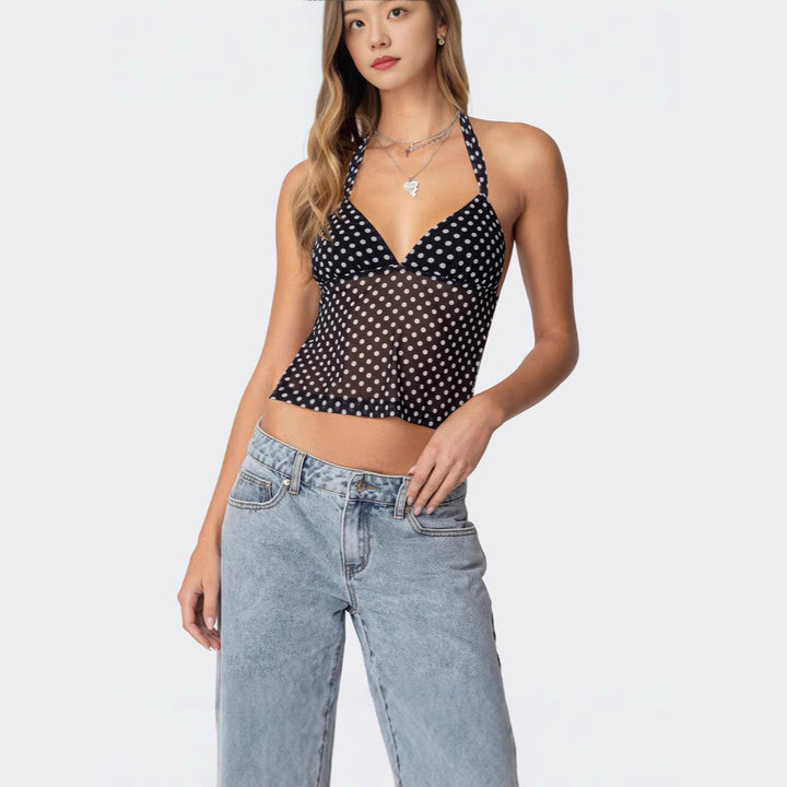 Damen luftiges Polka-Dots Oberteil mit tiefem V-Ausschnitt und Trägern Drune