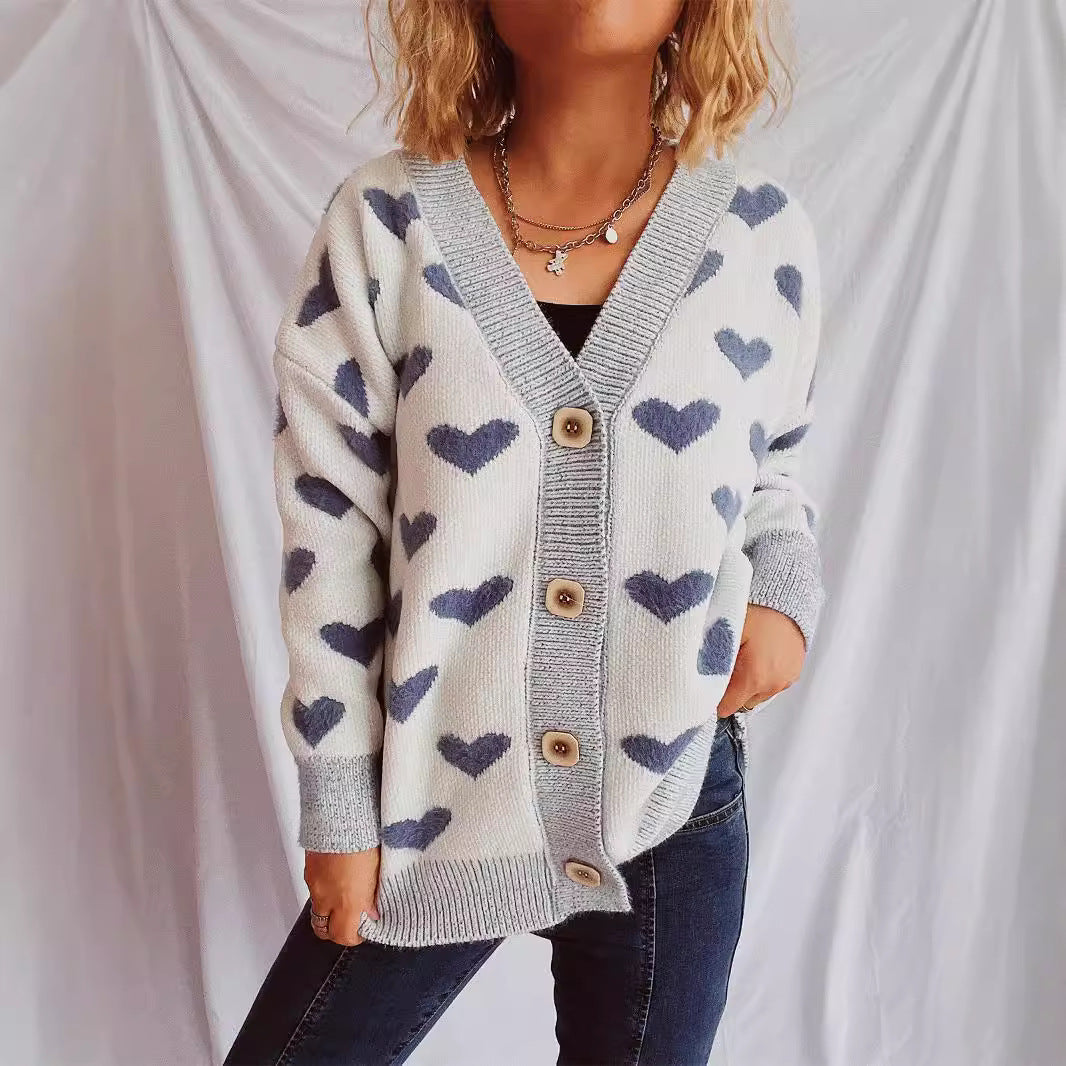 Damen Strickjacke mit herzförmigem Muster und knöpfbarem Design Drune