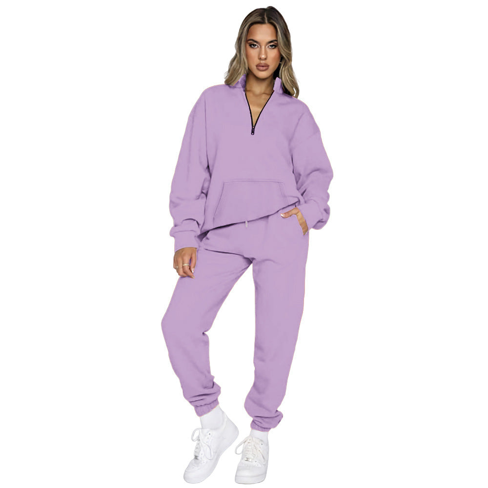 Damen Bequemes Freizeitoutfit mit Hohem Kragen und Kängurutasche Drune