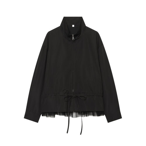 Damen Leichte Cropped Übergangsjacke mit Stehkragen, Tunnelzugtaillierung und Tüllbesatz Drune