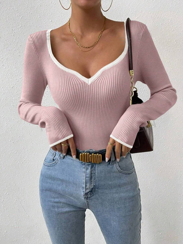 Damen Langarm-Shirt im Rippdesign mit V-Ausschnitt Drune