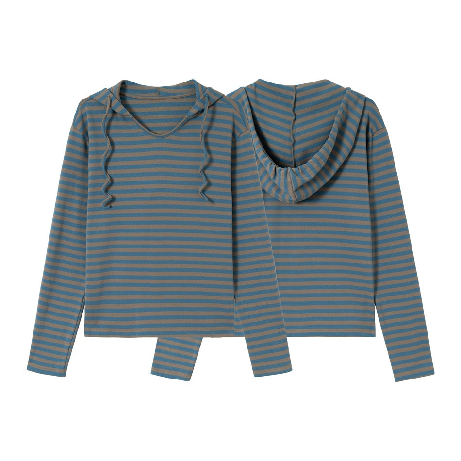 Damen Gestreiftes Langarm-Hoodie-Shirt mit V‑Ausschnitt und Kapuzenband Drune