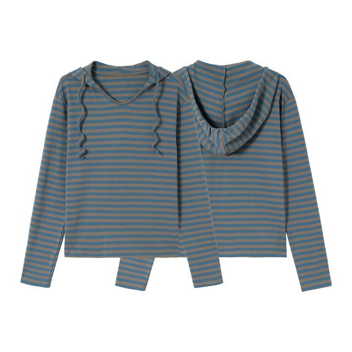 Damen Gestreiftes Langarm-Hoodie-Shirt mit V‑Ausschnitt und Kapuzenband Drune