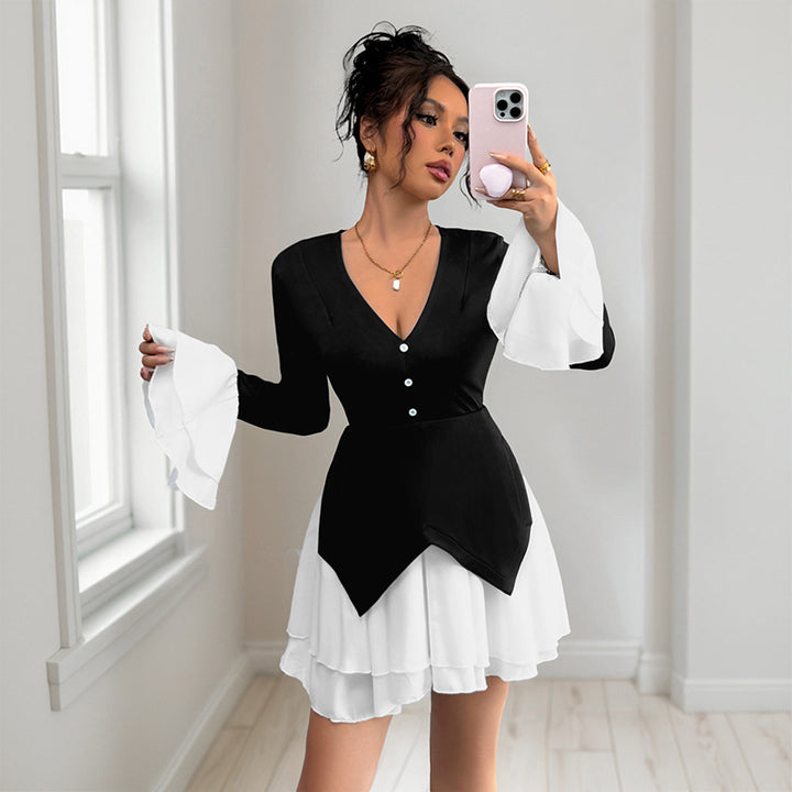 Damen Zweiteiliges Mini-Kleid mit tailliertem Wickeloberteil und Volant-Ärmeln Drune