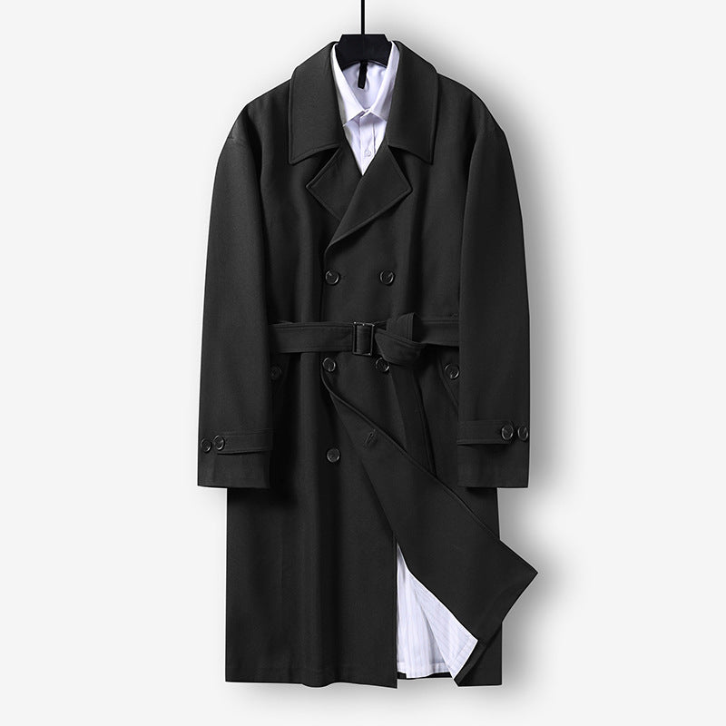 Herren Moderner knielanger Doppelreihiger Trenchcoat mit Taillengürtel Drune