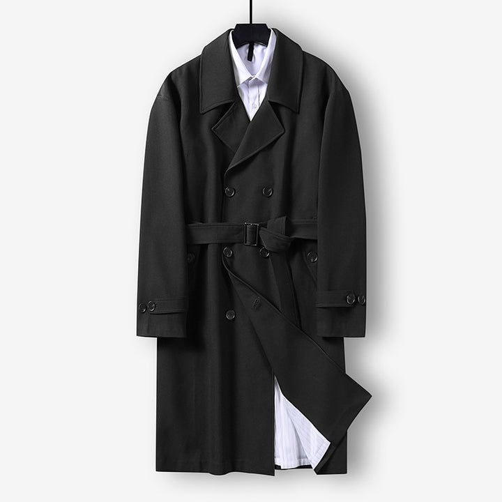 Herren Moderner knielanger Doppelreihiger Trenchcoat mit Taillengürtel Drune