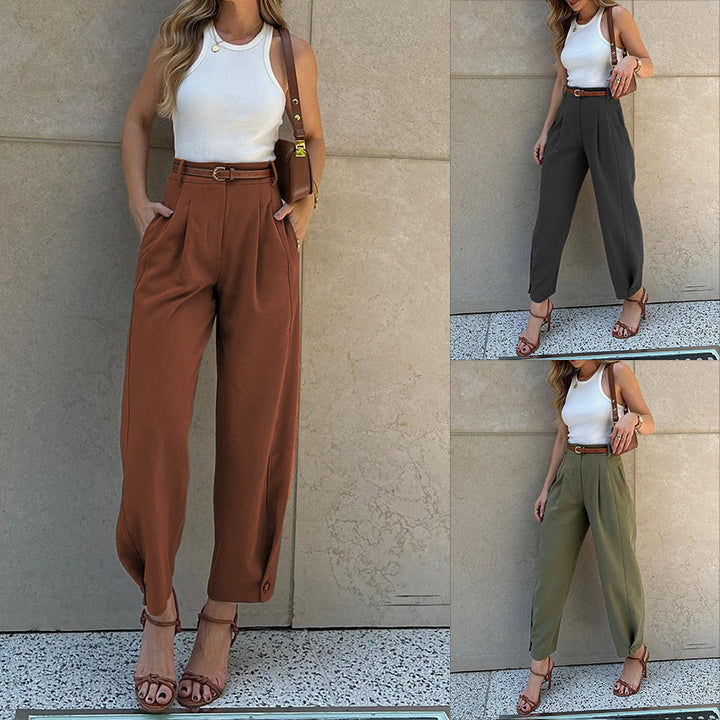 Damen Hochtaillen Hose mit eleganten Falten und praktischen Taschen Drune