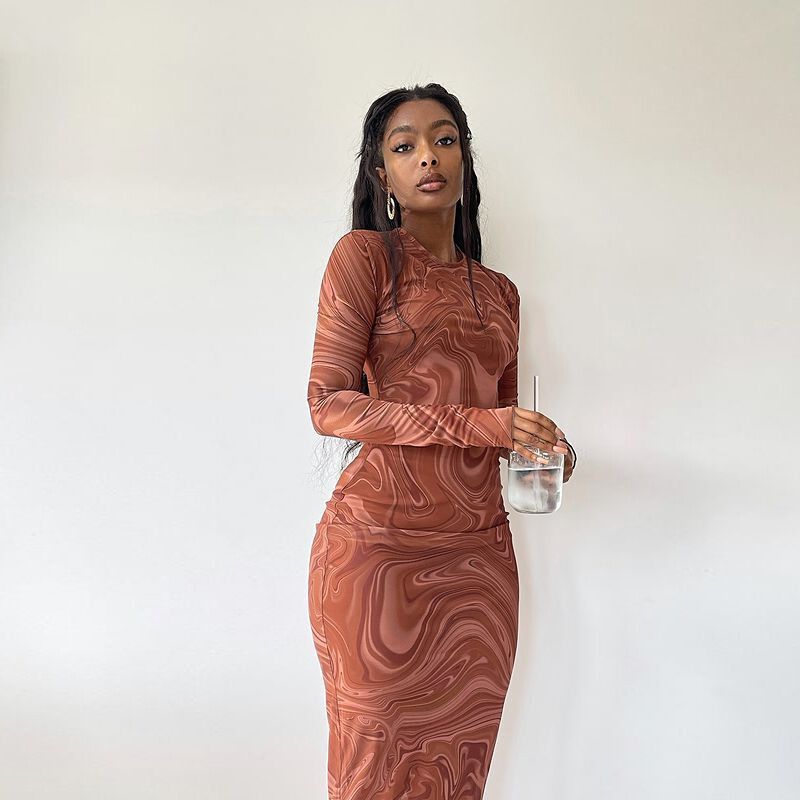 Damen Elegantes Langarmkleid mit modernem Marmormuster und Figurbetontem Schnitt Drune