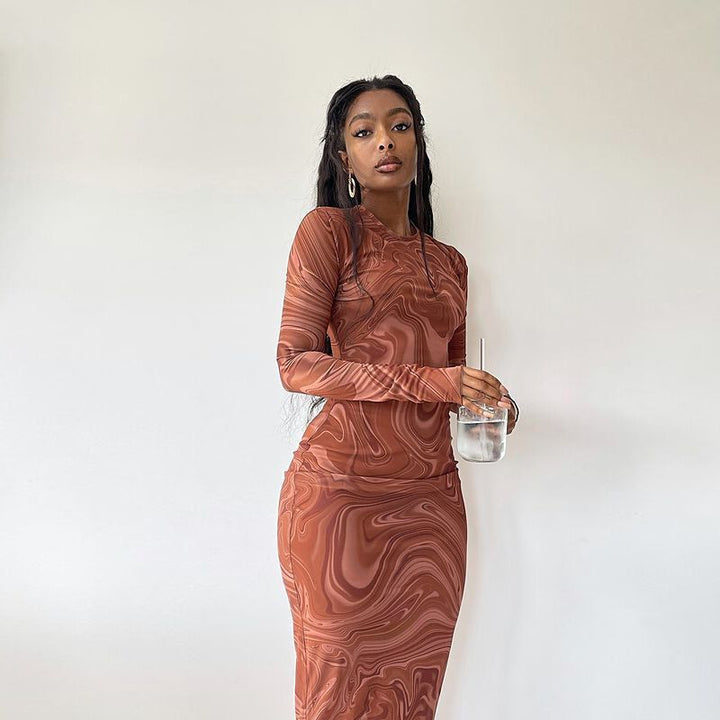 Damen Elegantes Langarmkleid mit modernem Marmormuster und Figurbetontem Schnitt Drune