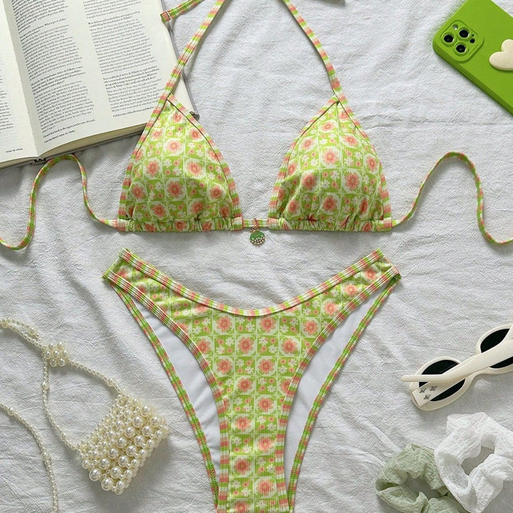 Damen Triangel-Bikini mit frischem Blumendruck und verstellbaren Trägern Drune