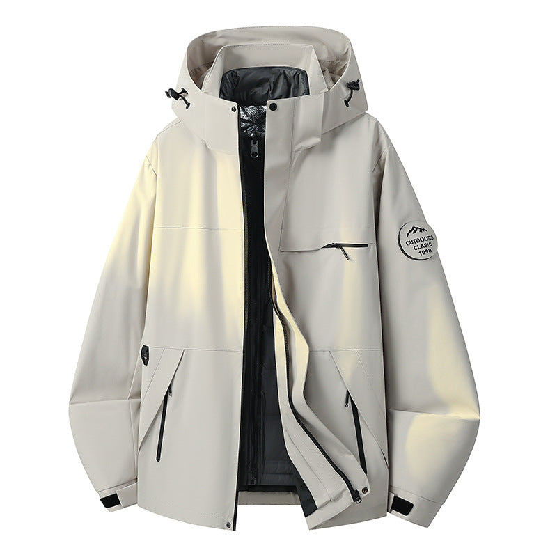 Herren Wasserdichte Outdoor-Softshelljacke mit Kapuze, hohem Stehkragen & Reißverschlusstaschen Drune