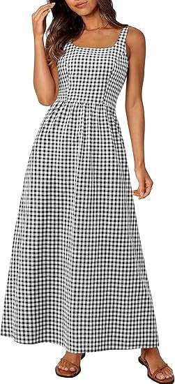 Damen Maxikleid im klassischen Karomuster mit verstellbaren Trägern und elastischem Bund Drune