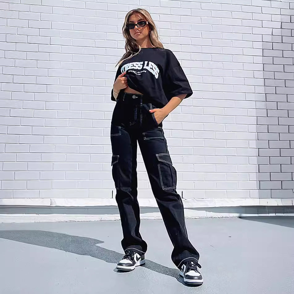 Damen lässige Cargo-Jeans mit tiefen Taschen und weitem Bein Drune