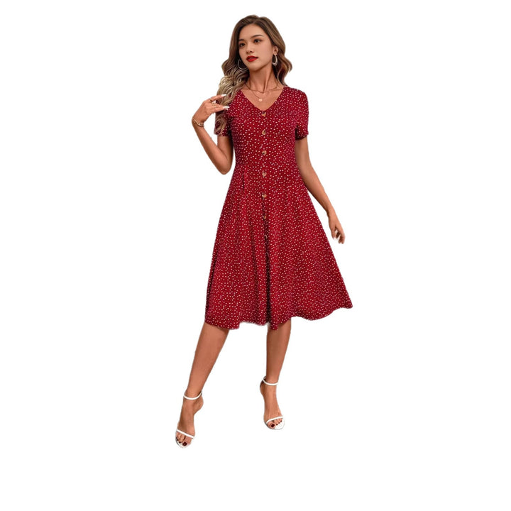 Damen Knielanges Kleid mit V-Ausschnitt und Knopfdetails Drune